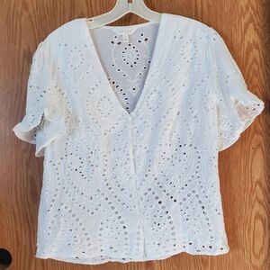 Adiva white eyelet button up blouse cotton size L